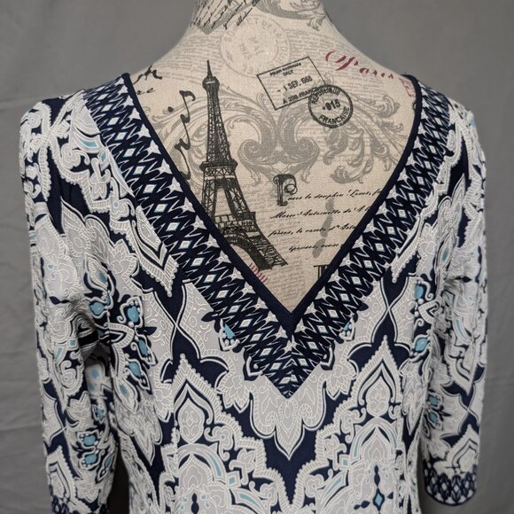 Studio One Women's Navy Blue White Printed Shift Boho Chic Dress Size Medium - Picture 6 of 9